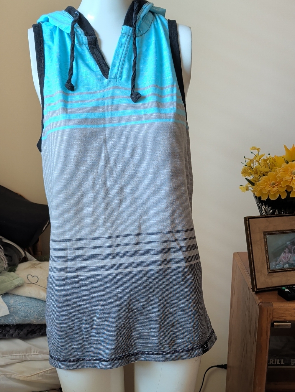 Vertical Woman's Hooded Tank Top Blue/Gray Size M